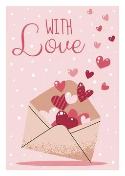 Greeting card template with envelope and flying hearts, flat vector style. .. Stock Illustration