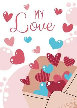 Greeting card template with envelope and flying hearts, flat vector style. .. Stock Illustration