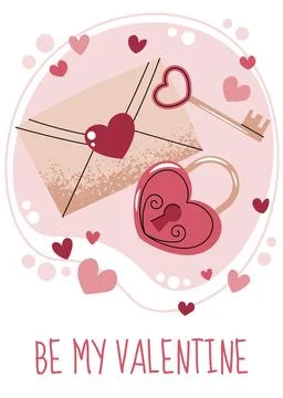 Greeting card template with envelope, lock and key in flat style. Valentine.. Stock Illustration