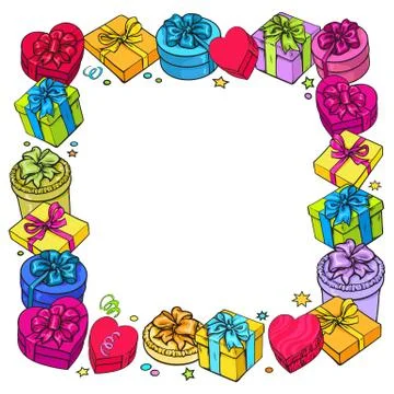 Greeting card template with frame of gift and present boxes Stock Illustration
