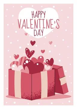 Greeting card template with gift box and flying hearts, flat style. Valentine Stock Illustration