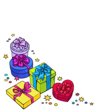 Greeting card template with round frame of coloful gift boxes Stock Illustration