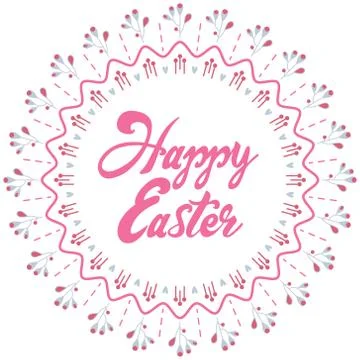 Greeting Card with Text Happy Easter. Mandala with Branches, pink leaves Stock Illustration