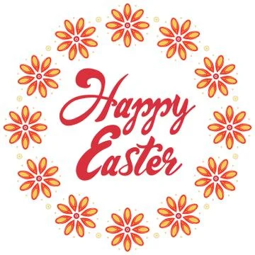 Greeting Card with Text Happy Easter. Mandala with Branches, pink leaves Illustrazione stock