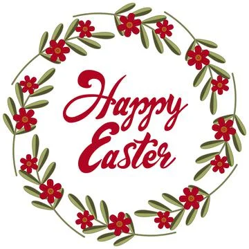 Greeting Card with Text Happy Easter. Floral frame with red flowers and leaves Stock Illustration