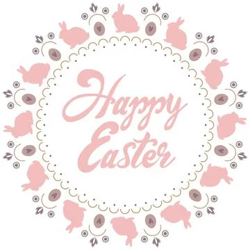 Greeting Card with Text Happy Easter. Mandala with rabbits eggs and flowers Stock Illustration
