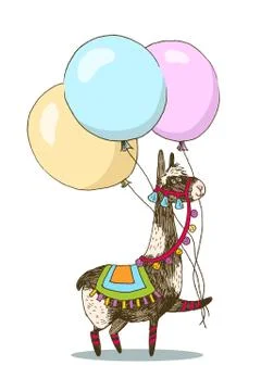 Greeting card vector design. Cheerful lama with three balloons. Happy birthday Stock Illustration