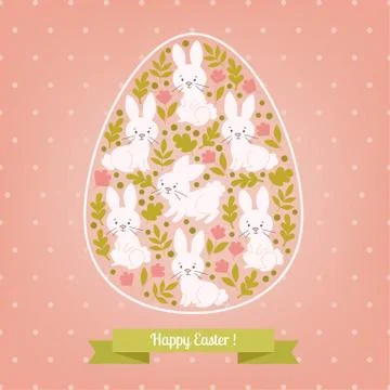 Greeting card white Easter rabbit in the egg. Stock Illustration