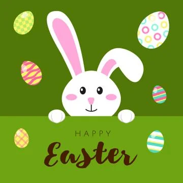 Greeting card with white Easter rabbit and colored eggs. Funny bunny in flat Stock Illustration