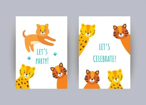 Greeting cards with cute animals. Vector illustration in flat style Stock Illustration