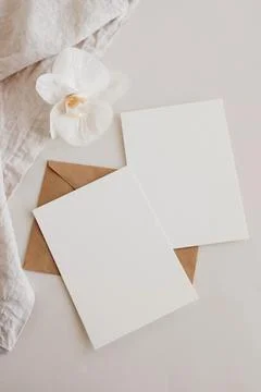Greeting Cards mockup, empty white blanks, envelopes and orchid flower top view  库存照片