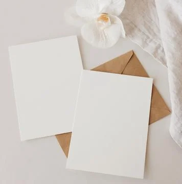 Greeting Cards mockup, empty white blanks, envelopes and orchid flower top view  Stock Photos