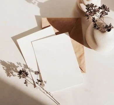 Greeting Cards mockup, empty white blanks, envelope dry flower in a vase, sunlig Foto stock