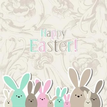 Greeting Easter card, colorful easter bunny family on historical floral bac.. Stock Illustration