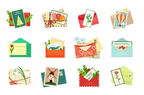 Greeting envelopes with postcards set. Romantic invitations and holiday bright Ilustração Stock