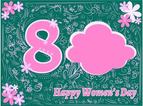 Greeting green card with bubble frame and pink happy womens day Illustrazione stock
