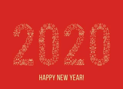 Greeting Happy New Year card with 2020 made with outline icons Stock Illustration