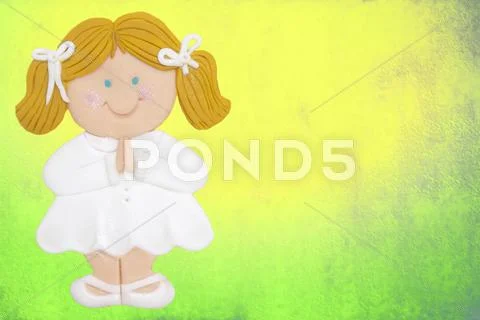 Greeting invitation card, first communion, blonde girl Stock Illustration
