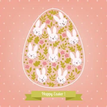 Greeting pink card white Easter bunny in the egg. Stock Illustration