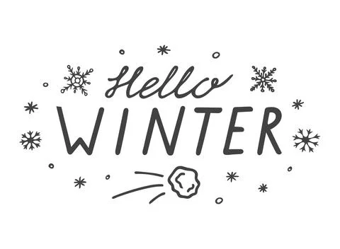 Greeting quote Hello Winter and Doodle snowflakes. Stock Illustration