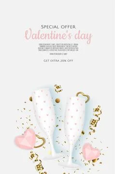 Greeting vector card for Valentine s Day with heart, gift, champagne glasses Stock Illustration