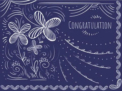Greeting vector doodle decor card - flowers butterfly Stock Illustration
