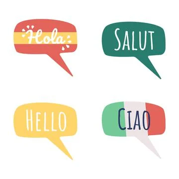 Greeting words in different languages semi flat color vector speech bubble se Stock Illustration