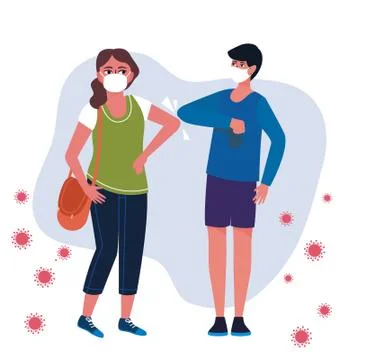 Greetings with the their elbows of man and woman wearing surgical masks. Stock Illustration
