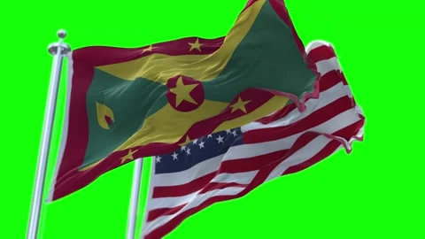 Grenada and United States Flags Waving on Flagpoles. Seamless Stock Footage 297380661
