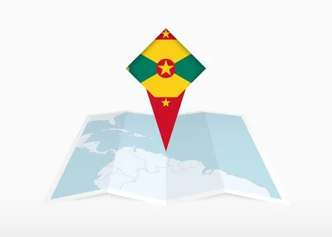 Grenada is depicted on a folded paper map and pinned location marker with f.. Stock Illustration