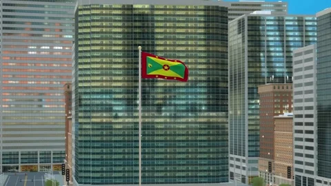 Grenada Flag 3D Render Animation on Pole with Modern Business District Build Stock Footage 332878036