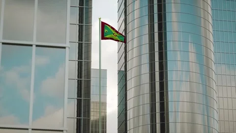 Grenada Flag 3D Render Animation on Pole with City Buildings Stock Footage 332879201