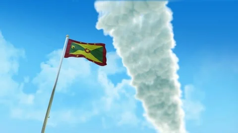 Grenada Flag 3D Render Animation on Pole with Fighter Jets Smoke Trails in B Stock Footage 333239408