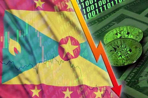 Grenada flag and cryptocurrency falling trend with two bitcoins on dollar bil Foto stock
