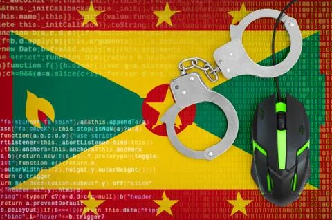 Grenada flag  and handcuffed computer mouse. Combating computer crime, hacker Stock-Fotos