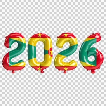 Grenada flag colors 2026 3d illustration, balloon numbers 3d rendering on t.. Stock Illustration