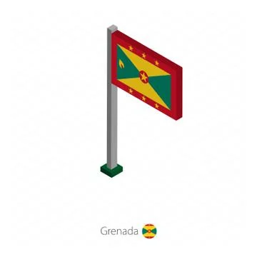 Grenada Flag on Flagpole in Isometric dimension. Stock Illustration