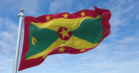 Grenada flag with flagpole waving in rolling clouds looping, 4K Perfect Loop Video stock 278999066