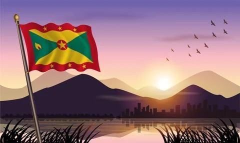 Grenada flag flying against a beautiful sunrise sky Stock Illustration