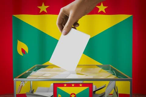 Grenada flag, hand dropping ballot card into a box - voting concept Ilustración de archivo