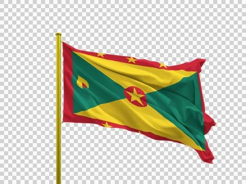 Grenada flag waving on a golden pole isolated on Transparent Background Stock Illustration