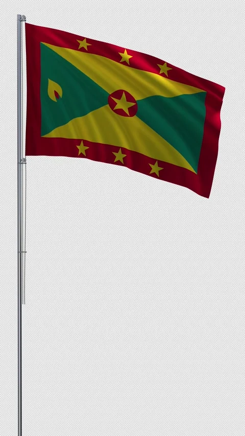 Grenada flag waving on metal flagpole vertical video transparent background 3D Stock Footage 331464598