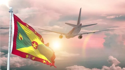 Grenada flag Waving Realistic With Sky Plane Takes Off At Sunrise Stock Footage 294599373