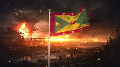 Grenada flag waving in war is torn Stock Footage 346008126