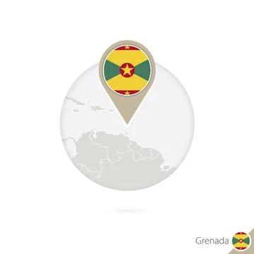 Grenada map and flag in circle. Map of Grenada, Grenada flag pin. Map of Gr.. Stock Illustration