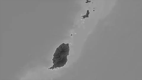 Grenada outlined on a Grayscale elevation map with lakes and rivers Illustrazione stock
