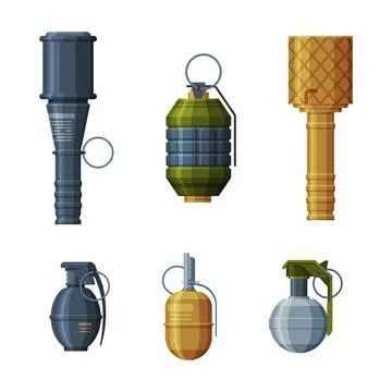 Grenade and Shell as Explosive Weapon Vector Set 스톡 일러스트