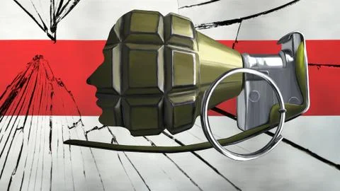 A grenade with a human face on a background of broken glass. Illustrazione stock