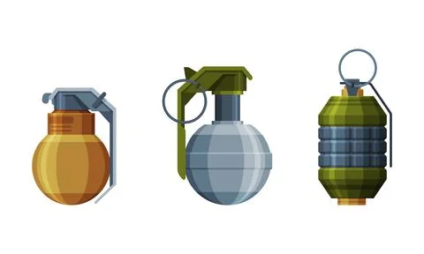 Grenade or Shell as Explosive Weapon Thrown by Hand Vector Set Stock Illustration