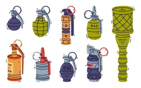 Grenade or Shell as Explosive Weapon Thrown by Hand Vector Set Stock Illustration